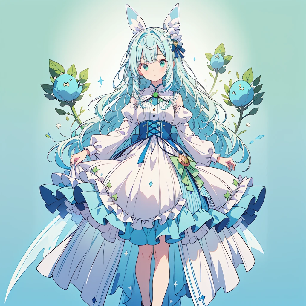 1girl、Star Fairy、Star incarnation、Character design front view、A picture facing the viewer、(((Super detailed、Highest quality、Masterpiece)))、Original cute hairstyle、Milky white and blue hair color、Simple Green Background、vtuber-fullbody,Alice、