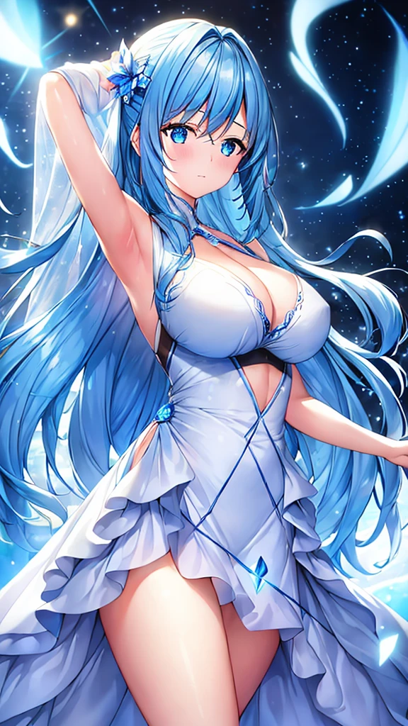 A girl in a blue light, detailed sky blue light, shining light, light spirit, girl of light, blue light particles, divine, fantastical atmosphere, bokeh, best quality, 8k, highres, masterpiece, ultra-detailed, realistic, photorealistic, HDR, studio lighting, extreme detail description, vivid colors