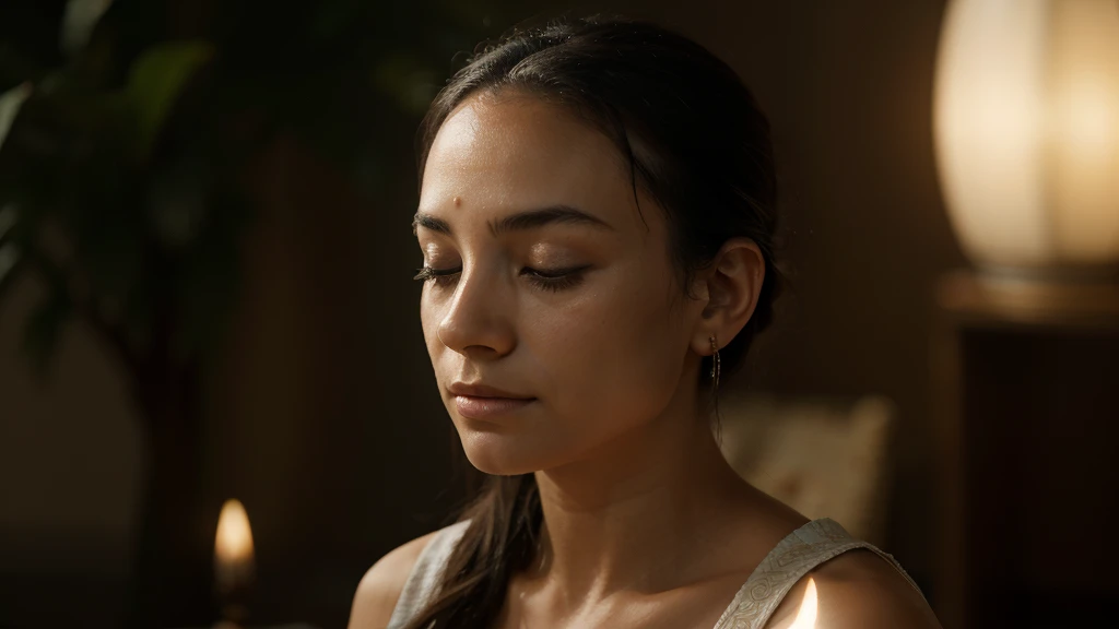 "A detailed view of a person meditating in a serene environment with a faint glow emanating from their forehead, symbolizing an awakened pineal gland. The background is blurred to emphasize the person's peaceful state and the glowing third eye. --ar 16:9"
