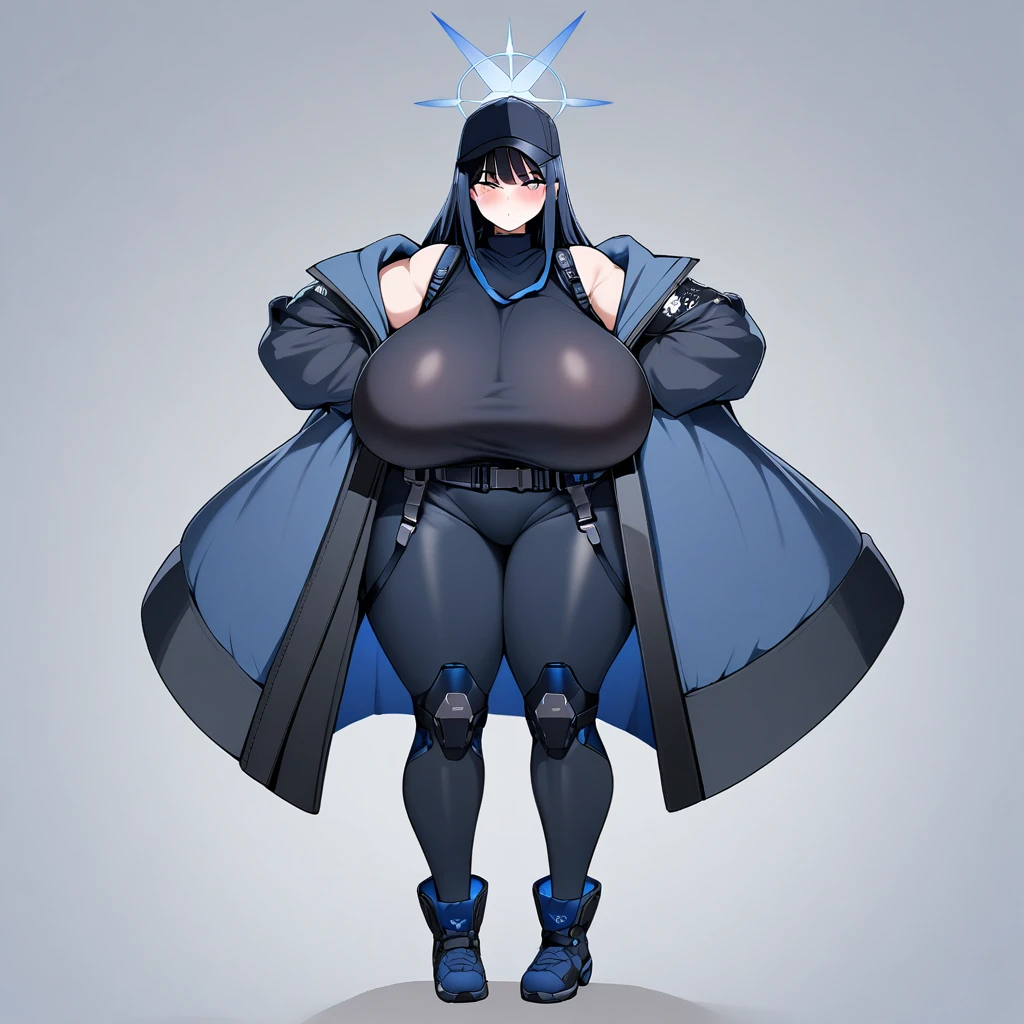 saori(blue archive),1girl,solo,blush,cap,super enormous massive gigantic big large fat absurde sagging fake huge breasts,looking at viewer,near,standing up,entire body, full body