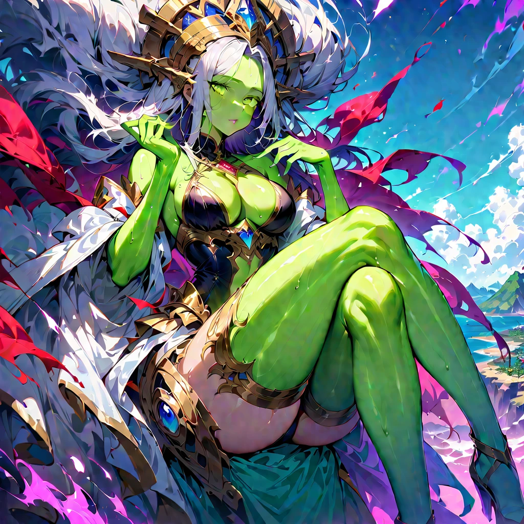 Young beautiful woman,(Highest quality,Extremely detailed depiction,Incredibly absurd high resolution,Anatomically accurate depiction,Nice hands, Perfect Fingers,Curvy Legs),(Glowing Skin,Shiny skin),A fantastic goddess in a gorgeous costume,There is cleavage in the chest,Glossy Lips,Sweat,whole body,background:A fantastic and mysterious giant island,Mysterious sight,Island Focus,