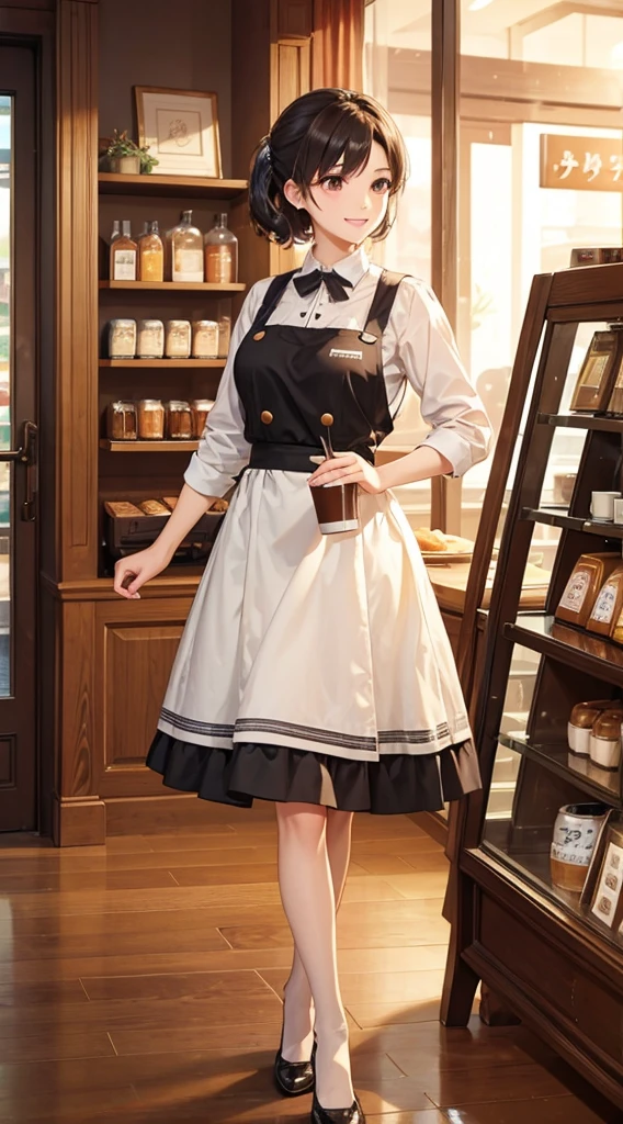 masterpiece,Highest quality,Stylish western style cafe,Female cafe attendant,Cafe clerk uniform,Detailed clothing,Carry your coffee,Laughter,Bright atmosphere in the store