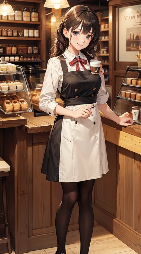 masterpiece,Highest quality,Stylish western style cafe,Female cafe attendant,Cafe clerk uniform,Detailed clothing,Carry your coffee,Laughter,Bright atmosphere in the store