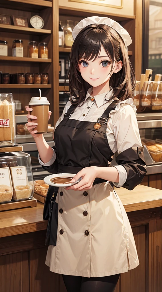 masterpiece,Highest quality,Stylish western style cafe,Female cafe attendant,Cafe clerk uniform,Detailed clothing,Carry your coffee,Laughter,Bright atmosphere in the store