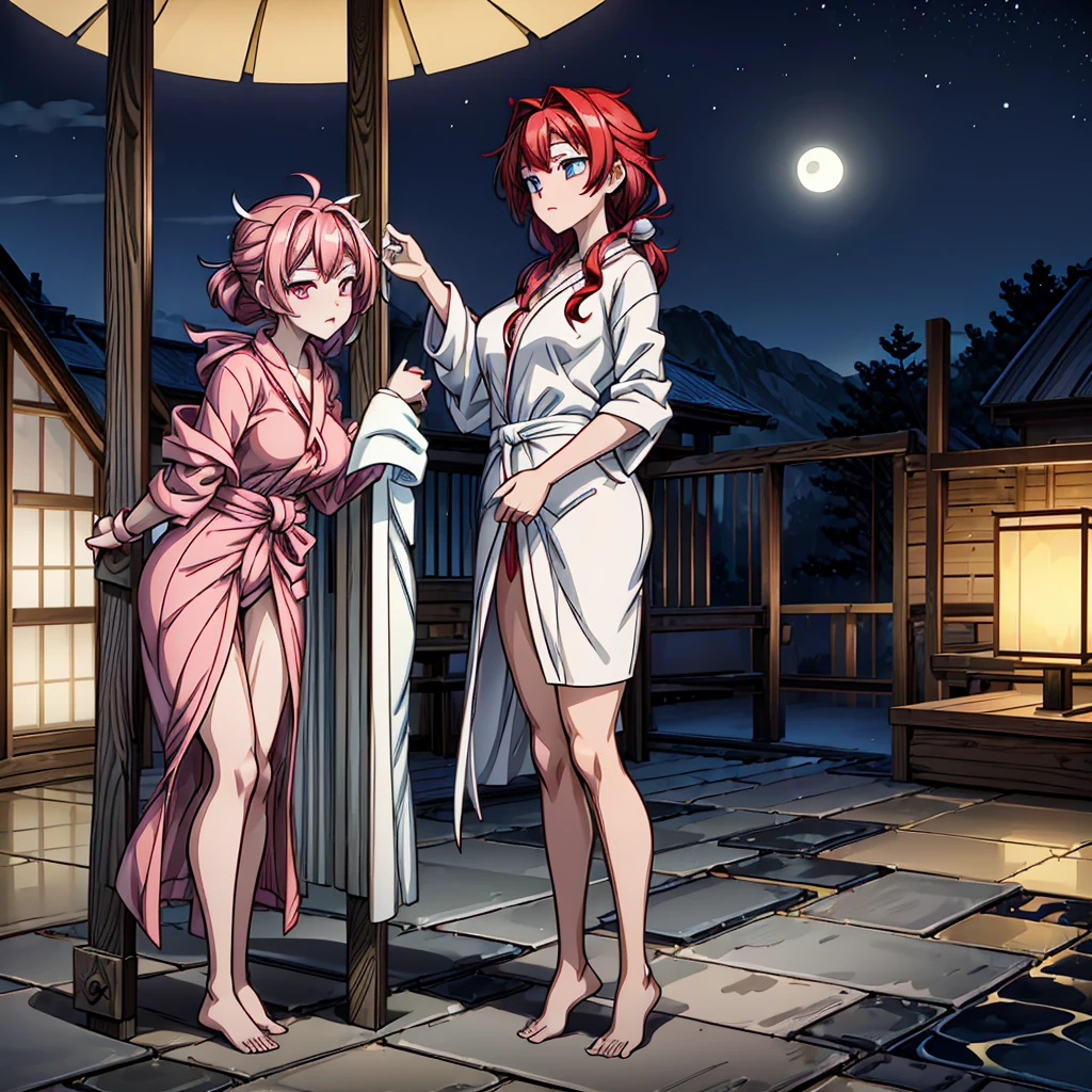 (((wrapping_bathrobe))), moonlight, stary_sky, red_hair, beautiful_hair, beautiful_eyes, 1_beautiful_girl,shy_face, cute_face, beautiful, best_quality, good_anatomy,, onsen, night, steam, moon,ultra_quality