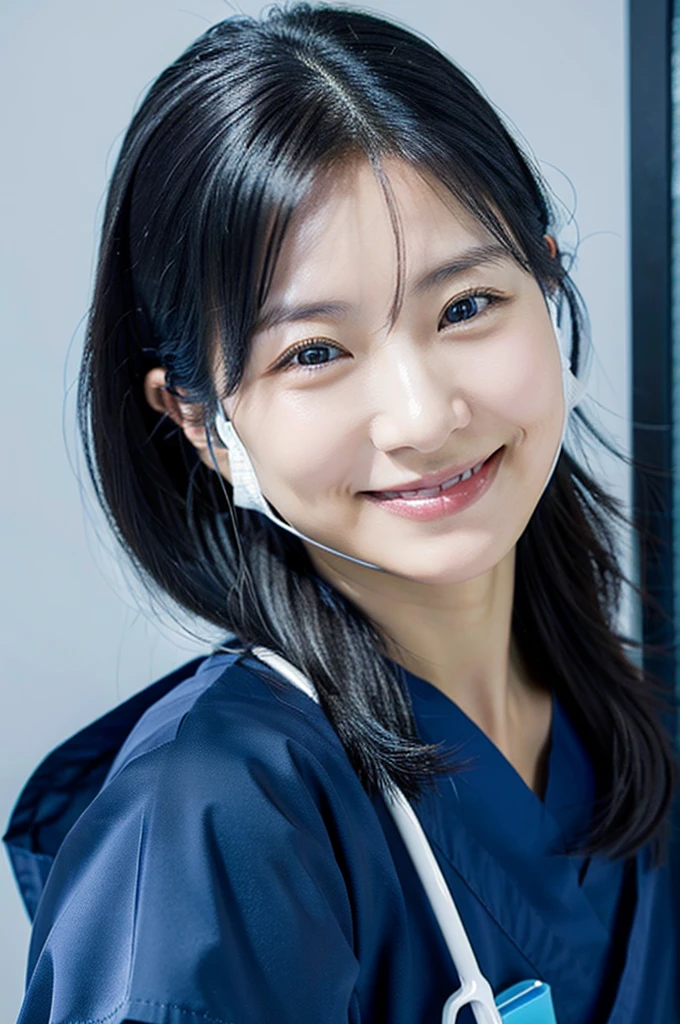 Dental hygienist wearing dark blue medical scrubs Japanese woman in her early 30s with black hair Upper body close-up smile Photo shoot at the clinic Harmony々 No accessories included