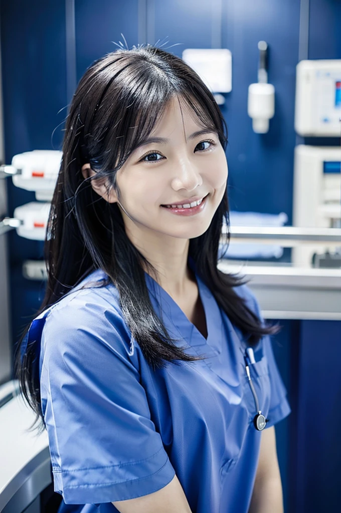 Dental hygienist wearing dark blue medical scrubs Japanese woman in her early 30s with black hair Upper body close-up smile Photo shoot at the clinic Harmony々 No accessories included