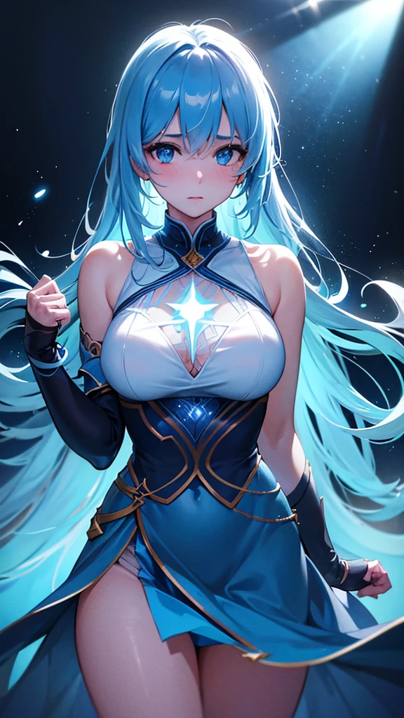 A girl in a blue light, detailed sky blue light, shining light, light spirit, girl of light, blue light particles, divine, fantastical atmosphere, bokeh, best quality, 8k, highres, masterpiece, ultra-detailed, realistic, photorealistic, HDR, studio lighting, extreme detail description, vivid colors