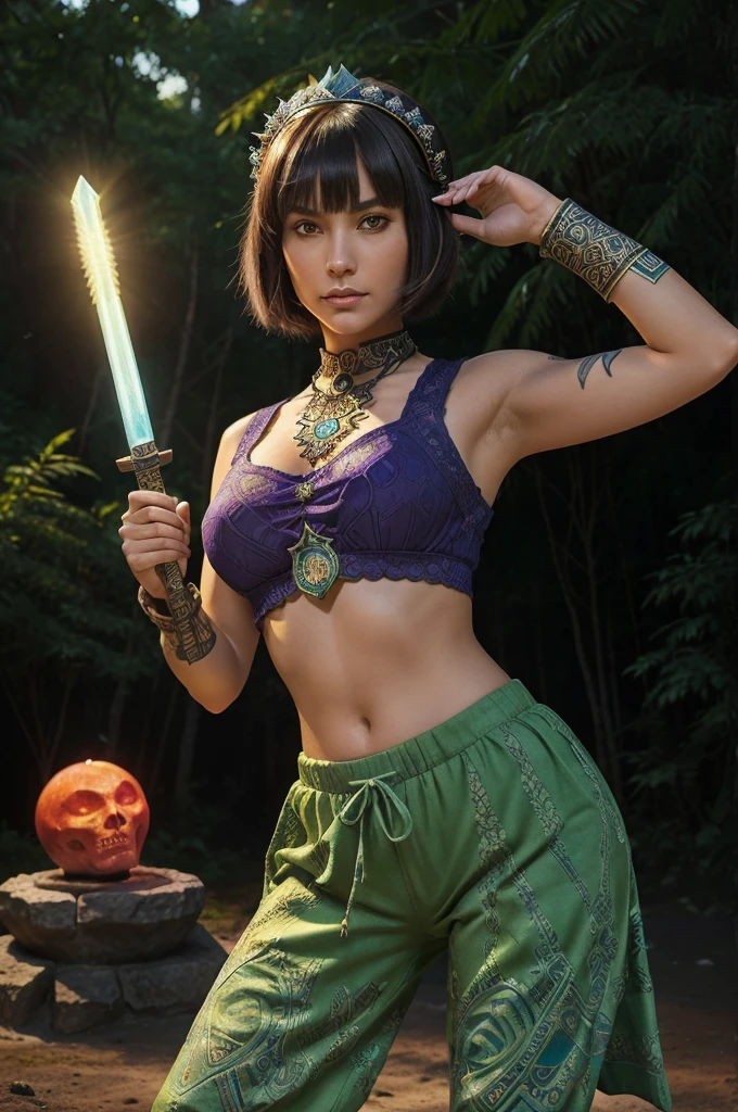 (Ultra-detailed face), (Fantasy Illustration with Gothic & Ukiyo-e & Comic Art), (A middle-aged dark elf woman with brown hair, blunt bangs, bob cut and lavender eyes), (She wears a yellow-green nightcap, a lacy, geometric-patterned dark green pierced headdress, gray pants, and moccasins), BREAK (She holds a glowing shortsword in one hand in a bold pose and a shield with a blue Nazca painting in the other:1.3), BREAK (In the background, a stone altar from a Mayan civilization can be seen in the forest, illuminated by a red moon)