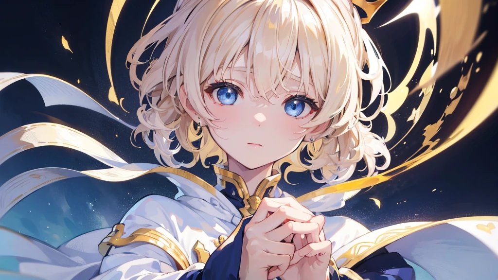 (Highest quality)　(4K)　(8k)　(High resolution)　(masterpiece:1.2)　(Super detailed)　One boy　short hair　Wizard　Blue Eyes　Long sleeve　Golden decoration　Hair between the eyes　White Dress　Wavy golden hair　Upper Body　(large crown)　(White Background)　front　Face close-up　Cast a spell