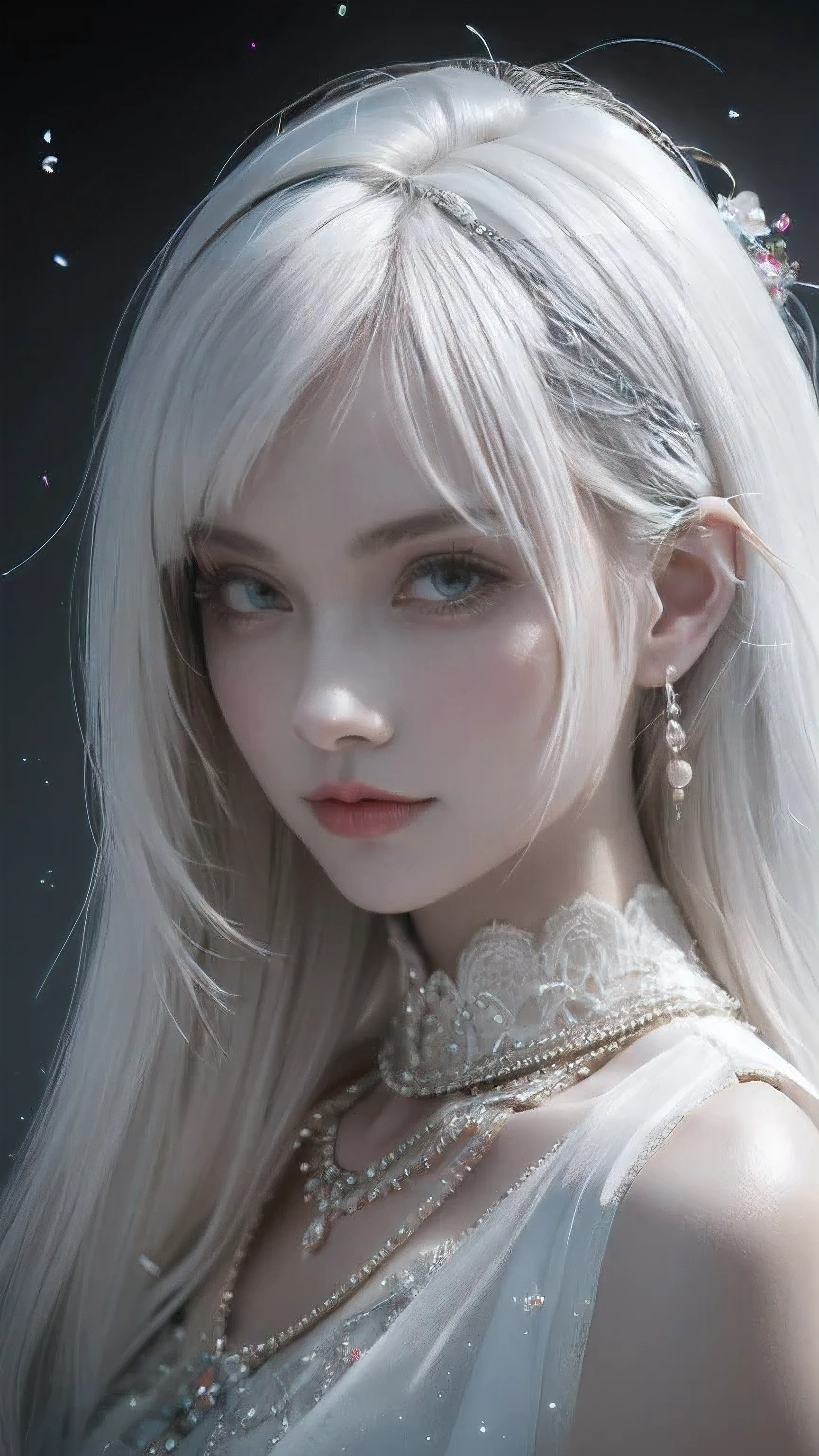 Very beautiful girl，Long white hair，Big bright eyes，Fair and translucent skin，Red lips，Oval face，Ruddy complexion，Realistic and delicate facial features，crystal necklace，earrings，Exquisite hair accessories，White antique clothes，Enjoy smooth hair，Charming temperament，Extreme details，realistic detailed masterpiece），（best quality），（Ultra-delicate），（illustration），（Extremely refined），（Dynamic Angle），Neon highlights，personification，Crystal elements，（Intricate details）（Beautiful and delicate eyes），Delicate face，Half-length close-up，Pearl decoration on the head，（Lovely），Key Points，（Fantasy），White fairy yarn clothes，（Intricate details），20 years old，Clamp Type，Clear pedigree effect，high resolution