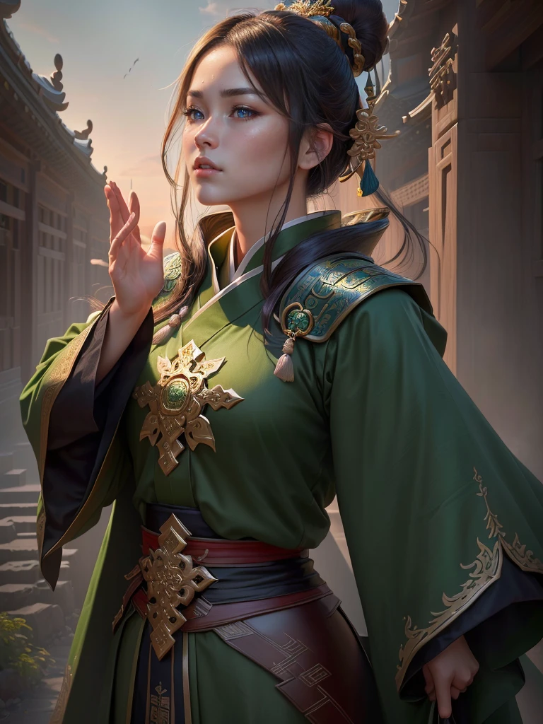 a close up of a woman in a green robe, inspired by Dong Yuan, zhao yun, inspired by Cao Zhibai, inspired by Guan Daosheng, inspired by Hu Zaobin, inspired by Huang Shen, inspired by Zhang Sengyao, inspired by Huang Ding, inspired by Wu Bin, inspired by Li Kan, guan yu, Highly detailed CG unit 8k wallpaper, masterpiece, High resolution, highest quality, highest quality real texture skin, Super Real, Digital Painting, Best image quality, 最High resolution, 8k, (((Highly detailed eyes and face, Beautiful eyes every detail))), profile, gold chest plate,