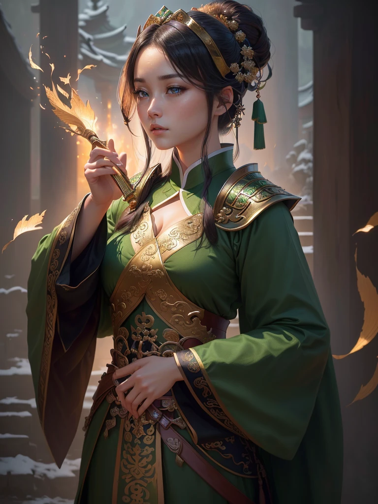 a close up of a woman in a green robe, inspired by Dong Yuan, zhao yun, inspired by Cao Zhibai, inspired by Guan Daosheng, inspired by Hu Zaobin, inspired by Huang Shen, inspired by Zhang Sengyao, inspired by Huang Ding, inspired by Wu Bin, inspired by Li Kan, guan yu, Highly detailed CG unit 8k wallpaper, masterpiece, High resolution, highest quality, highest quality real texture skin, Super Real, Digital Painting, Best image quality, 最High resolution, 8k, (((Highly detailed eyes and face, Beautiful eyes every detail))), profile, gold chest plate,