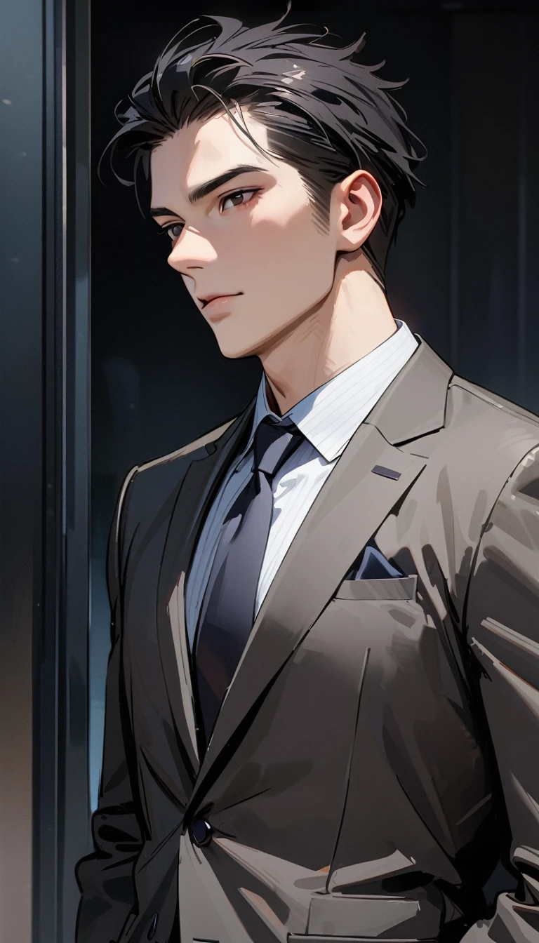 A handsome man with short black hair is wearing a charcoal gray suit. modern, Verism, masterpiece, textured skin, super detail, best quality, 4K