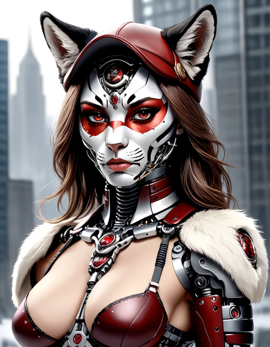 wast up, Horror-themed Tilt-shift photo of sfw,cyborg upper body, exquisitely detailed skin of evil AI, redemption, powerful and anthropomorphic concept of The woman has attributes such as terminator, cyborg, robot, fur, fangs, ears, tail, and possibly wolf eyes.(hands on chest:1.4) (Hands bra:1.3), ( wearing old leathercoat red thong), nipples covered by hands,plated armor with runes, (cop cap:1.6) and (sunglasse:1.6) on head, Facial Features: cyborg, robotic eyes, circuit, human face, Human Facial Structure: The face maintains a human-like structure with a forehead, cheeks, and chin. a female black wolf furry, slutty, solo, skinny, bloom, bedroom Facial Features: Human Facial Structure: The face maintains a human-like structure with a forehead, cheeks, and chin. she have robot red reptil eyes and digital cadran on chest. Hair and Fur: Human Hair: Hair might be present on the head, similar to a human. fur could cover parts of her body, resembling the coloration and patterning of a tiger's coat. Skin: Human-like Skin: Skin on areas not covered by fur would resemble human skin in texture and color. , looking at viewer . . Selective focus, miniature effect, blurred background, highly detailed, vibrant, perspective control . Eerie, unsettling, dark, spooky, suspenseful, grim, highly detailed, detailed, realistic, 8k uhd, high quality