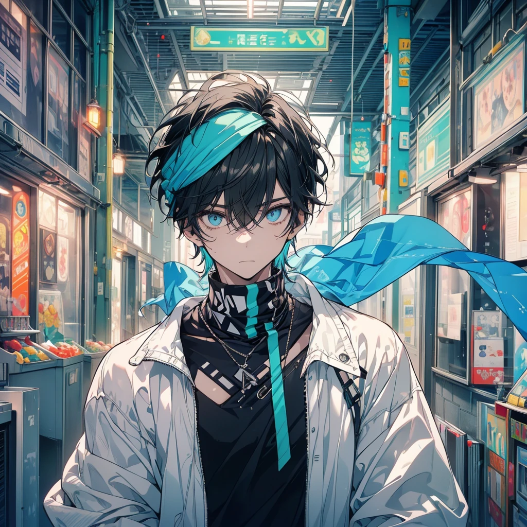 ((face focus)), ((Just one person)). A young adult man with fair skin, fit well-toned body. He has big mint eyes. His hair is navy blue, short and wavy, in a messy undercut hairstyle. His hair has curtain bangs and is very voluminous. He wears a mint bandana on his forehead, has a very colorful and lively outfit. He wears a mint green synthetic leather jacket, a black shirt underneath, black jogger pants and mint-colored high-top sneakers. He has a determined look on his face and is standing in the middle of an arcade with several vibrant colors.