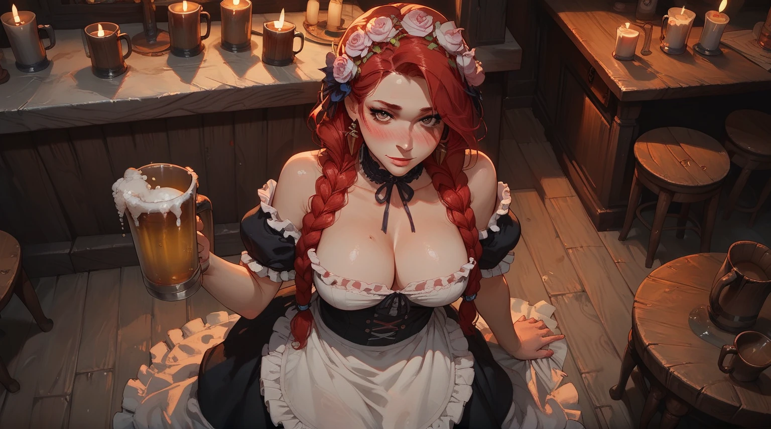 score_9, score_8_up, score_7_up, 1girl, (solo:1.1), from above, tavern wench, standing, bare shoulders, red hair, braids, large breasts, flower hair, barmaid dress, cute, beautiful eyes, blush, fishnets, sexy pose, looking at viewer, indoor, beer mugs, beer foam, expressiveh 3mpr3ss3