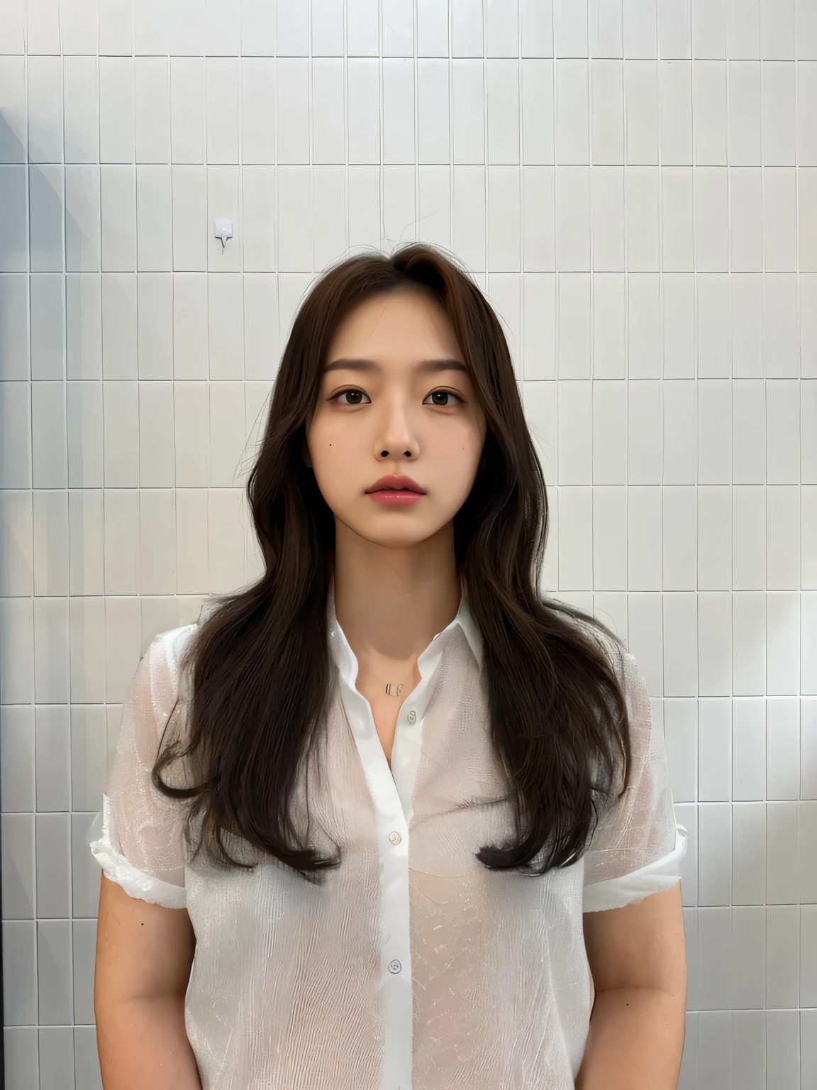 Best Quality, 8k, Masterpiece, (Portrait: 1.3), (photo realistic:1.4), (hyper realistic:1.4), Sharp Focus, looking at viewer, (smoother lighting:1.1), (increase cinematic lighting quality:0.9), realistic lighting, backlighting, light on face, ray trace, (brightening light:1.2), (Increase quality:1.4), sharp detail, (best quality real texture skin:1.4), finely detailed eyes, black_eyes, finely detailed face, 25 year old Korean woman, (white formal_shirt:1.4), (Create an image maintaining the original base model hairstyle:1.5)