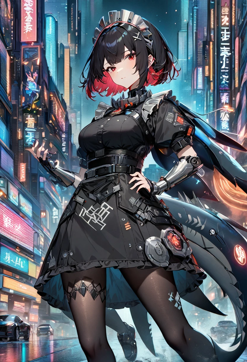 1 girl,Black short hair,Red eyes,Full figure,Black pantyhose,Mechanical maid outfit,Black mechanized shark tail,City of the Future,Colorful