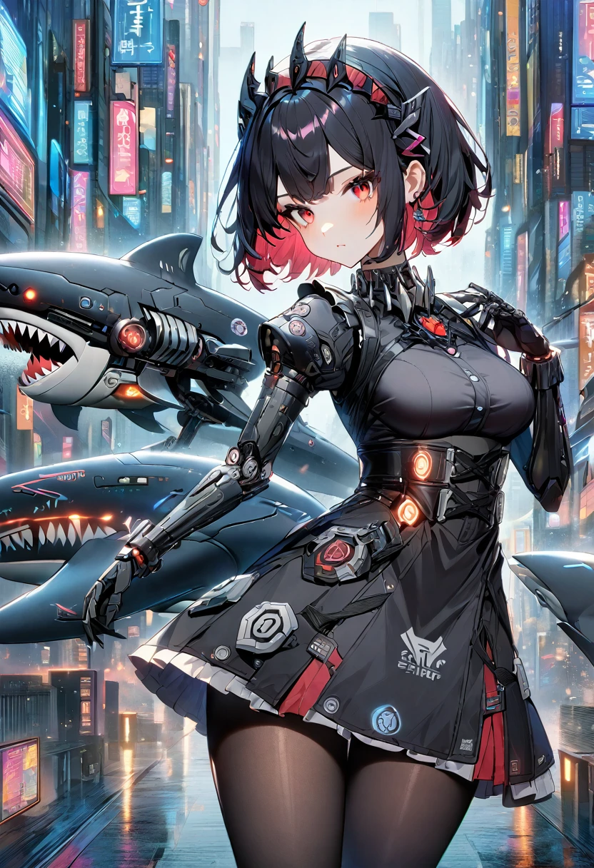 1 girl，Black short hair，Red eyes，Full figure，Black pantyhose，Mechanical maid outfit，Black mechanized shark tail，City of the Future，Colorful