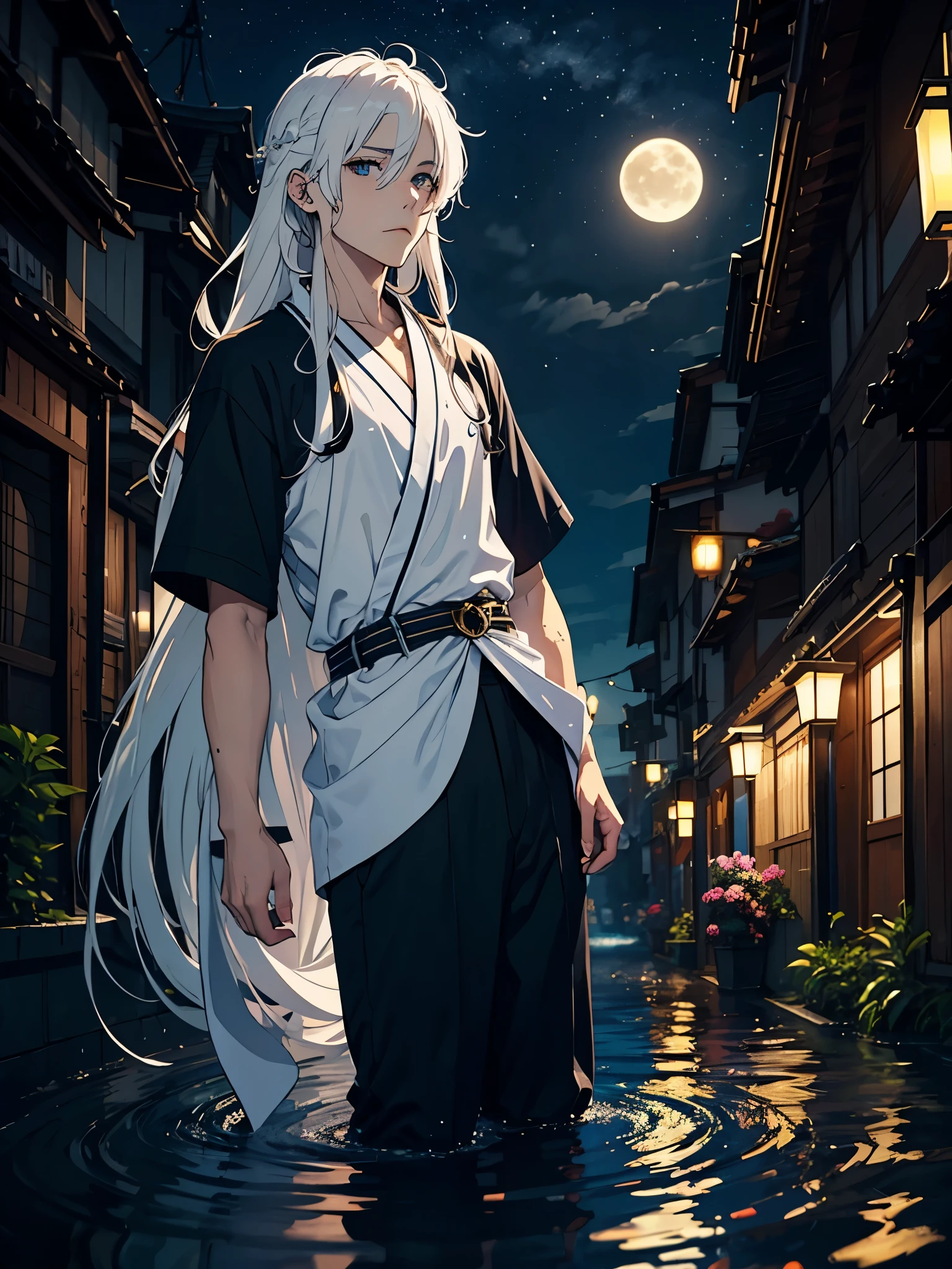 Longer hair. Mehr anime. 2D. Glow. With black cat. Blauer Mond. Roter Kimono. Rote Blumen. Japanisches Tor. Tori. Blue wolf. Kimono. . More anime. light blue light. Bright bright light. male. Long hair. long white hair. aquatic, boy, God of the Moon, silver hair accessories, White hair.