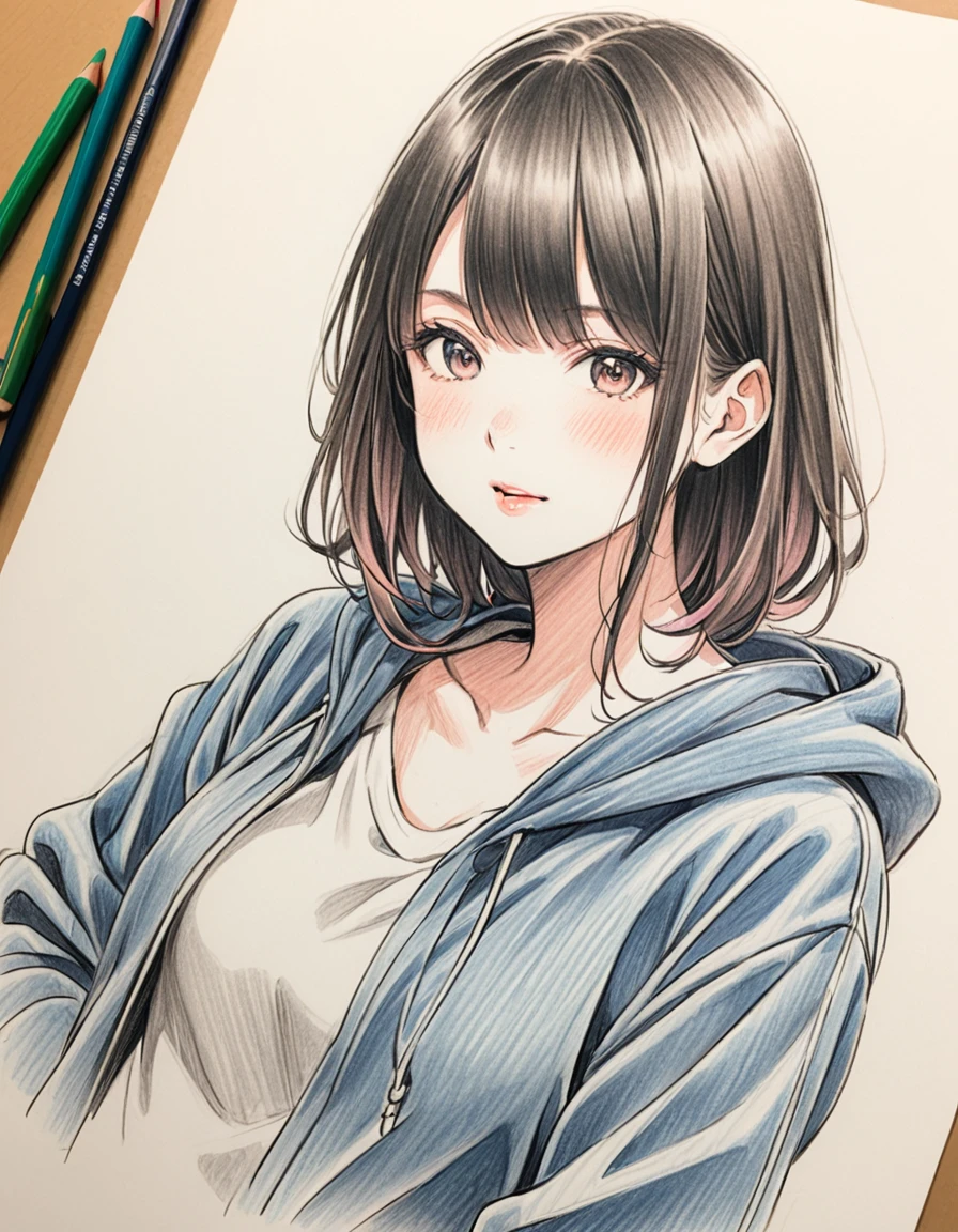 female、パーカー、white、Art、ad、colour pencil drawing、draft drawing、illustration