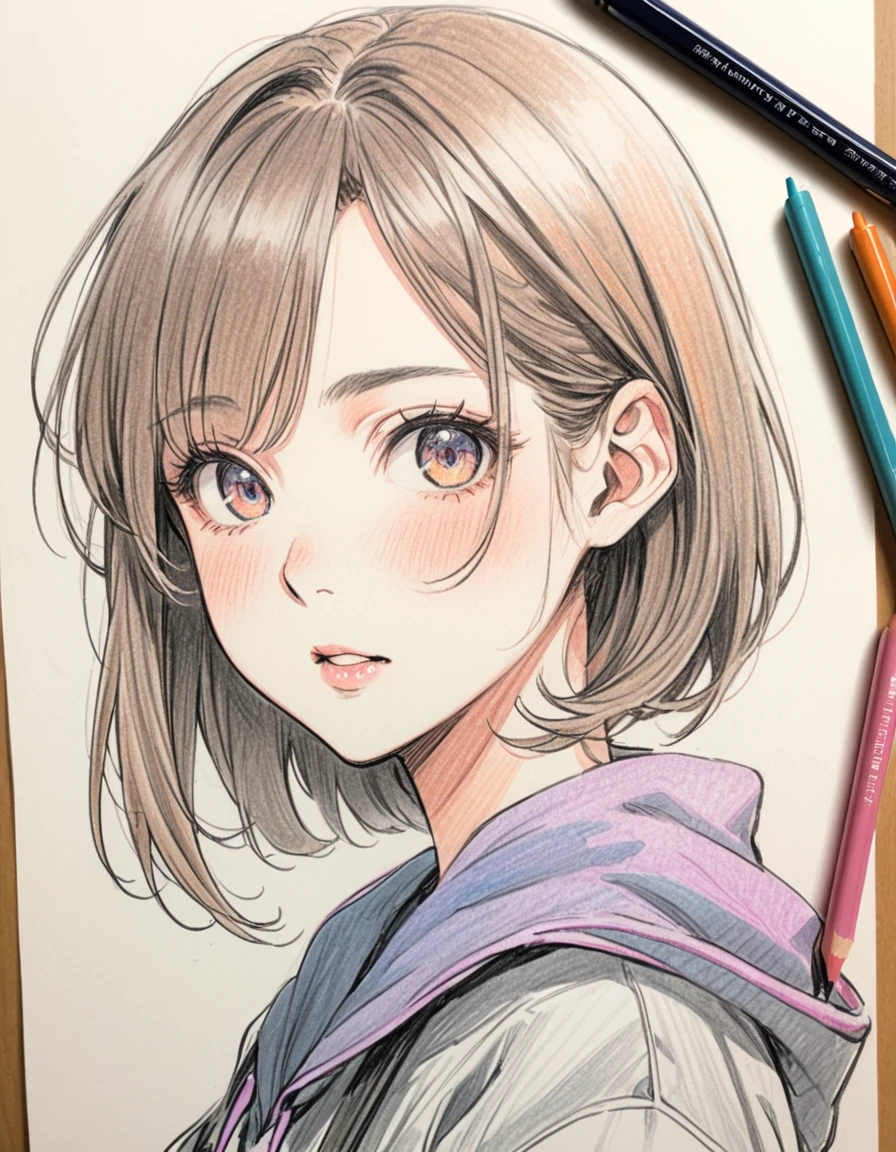 female、パーカー、white、Art、ad、colour pencil drawing、draft drawing、illustration