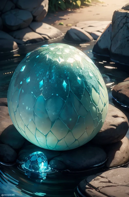 ​masterpiece, Beautiful water-like dragon egg on rocks, Glowing substrate, cinematic lighting,