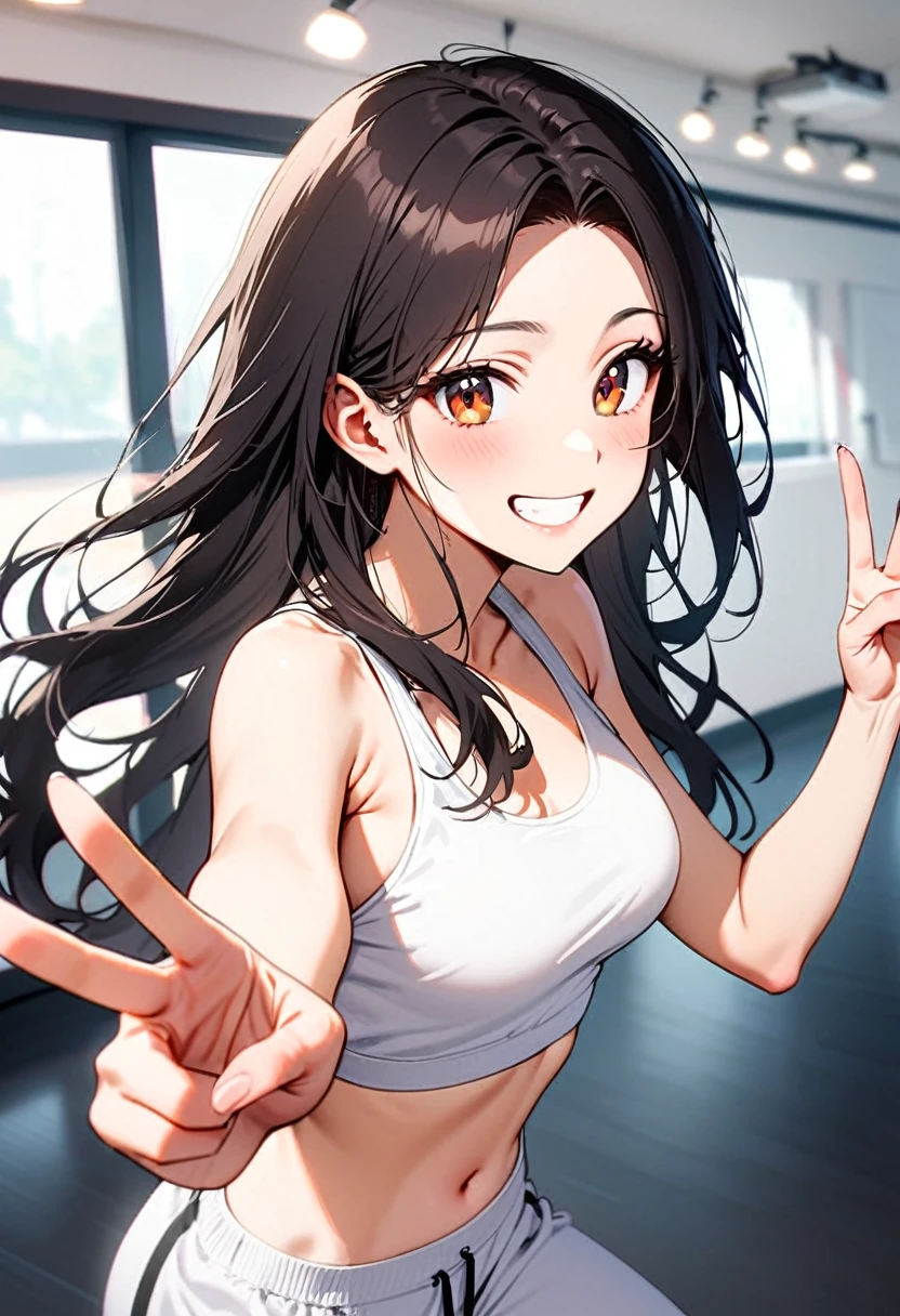 A young woman, 18-years-old, solo, Korean, (long wavy black hair, no bangs:1.1), brown eyes, white tank top, midriff, white baby sweatpants, playful smile, cheerful, mature face, dance studio, holding up a v-sign