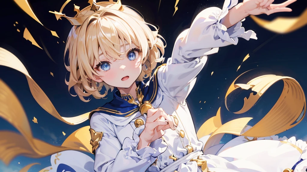 (Highest quality) (4K) (8k) (High resolution) (masterpiece:1.2) (Super detailed) One boy short hair Wizard Blue Eyes Long sleeve Golden decoration Hair between the eyes White Dress Wavy golden hair Upper Body (large crown) (White Background) front Face close-up Cast a spell