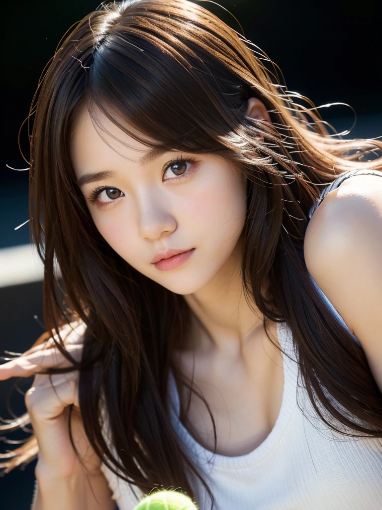 White tennis wear、tennis racket、Tennis ball、Tennis court、(Highest quality)、((Very detailed))、4K、(8k)、masterpiece、Very detailedな、Highest quality、Super Resolution、1 person、Kind Face、Soft Light、RAW quality、Soft Skin、163cm、20-year-old、Thighs、Swing long hair, bangs, Brown Hair, 1 personの女の子, High resolution, Big and cute eyes, A clear double