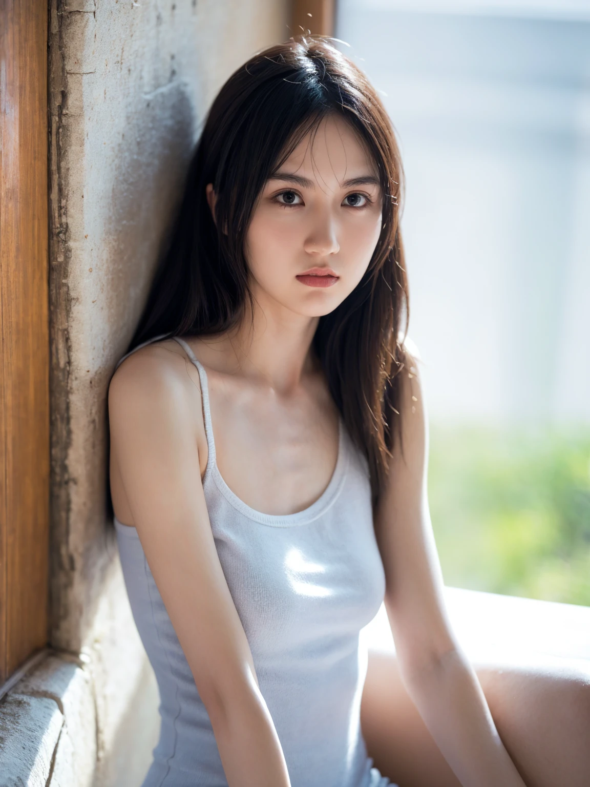 1girl, woman, masterpiece, best quality, highest quality, (volumetric lighting), extremely detailed CG unity 8k wallpaper, focused, 8k wallpaper, extremely detailed, ultra realistic, photorealistic, sharp focus, absurdres, (HDR:1.2), (high contrast), photograph, detailed and intricate, instagram, portrait, highly detailed, digital painting, artstation, concept art, smooth, sharp focus, illustration, medium shoulder, ((looking at the viewer)), wearing knit strap tanktop, ((skinny)), slim body, leaning on a wall.