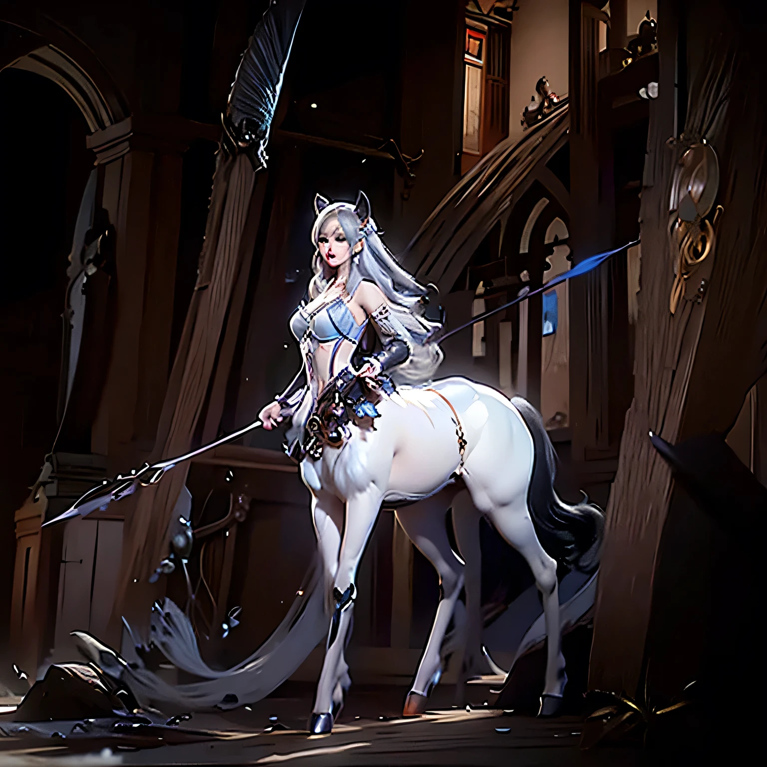Centaur girl，Perfect hand movements，White gloves，Realistically, high resolution, 1 female, Buttocks lift, beautiful eyes, White hair, eye socket, Jewel-like, Streetwear, sweater, White hair