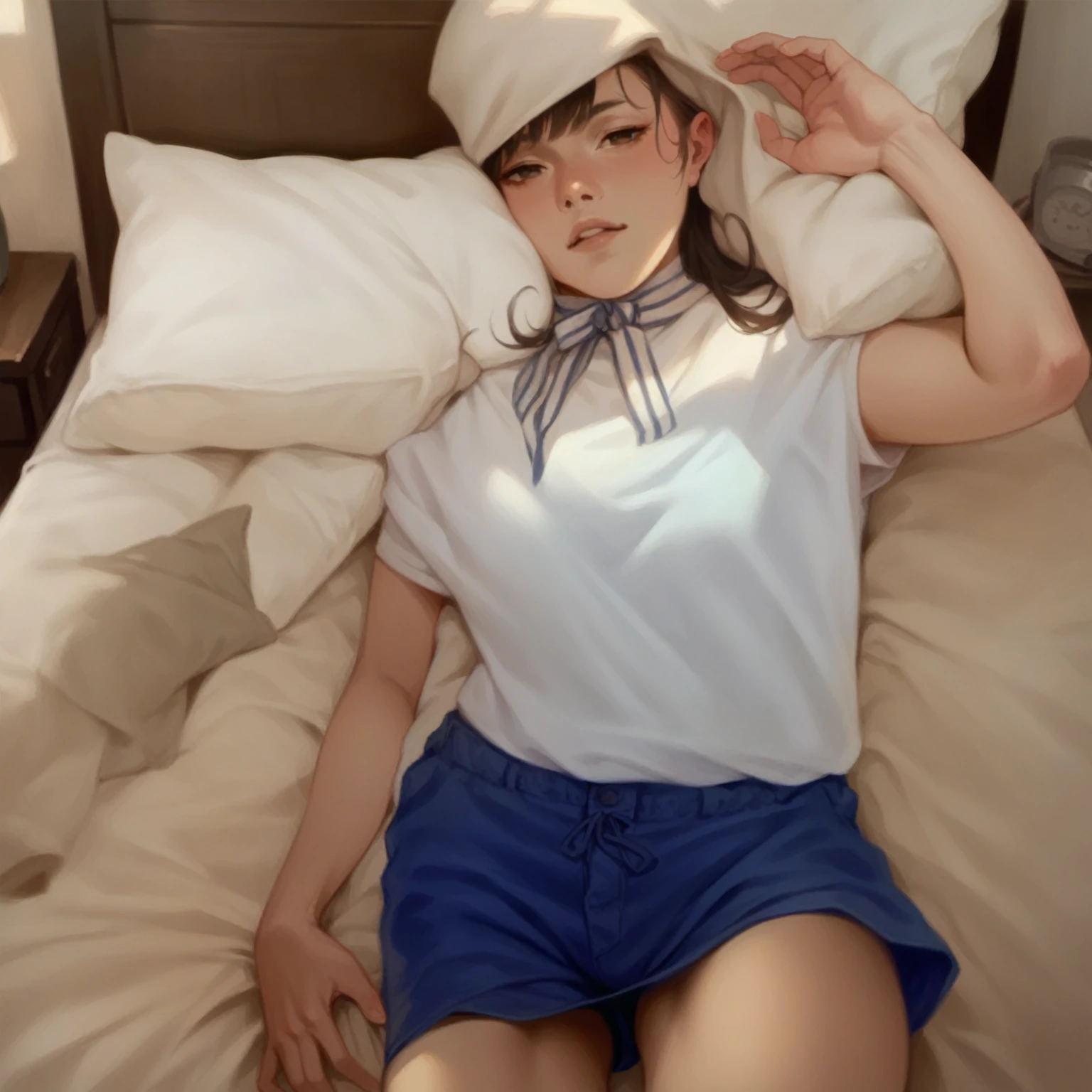 Young attractive brunette woman lying on the bed. lying on her stomach, wearing short shorts, shorts