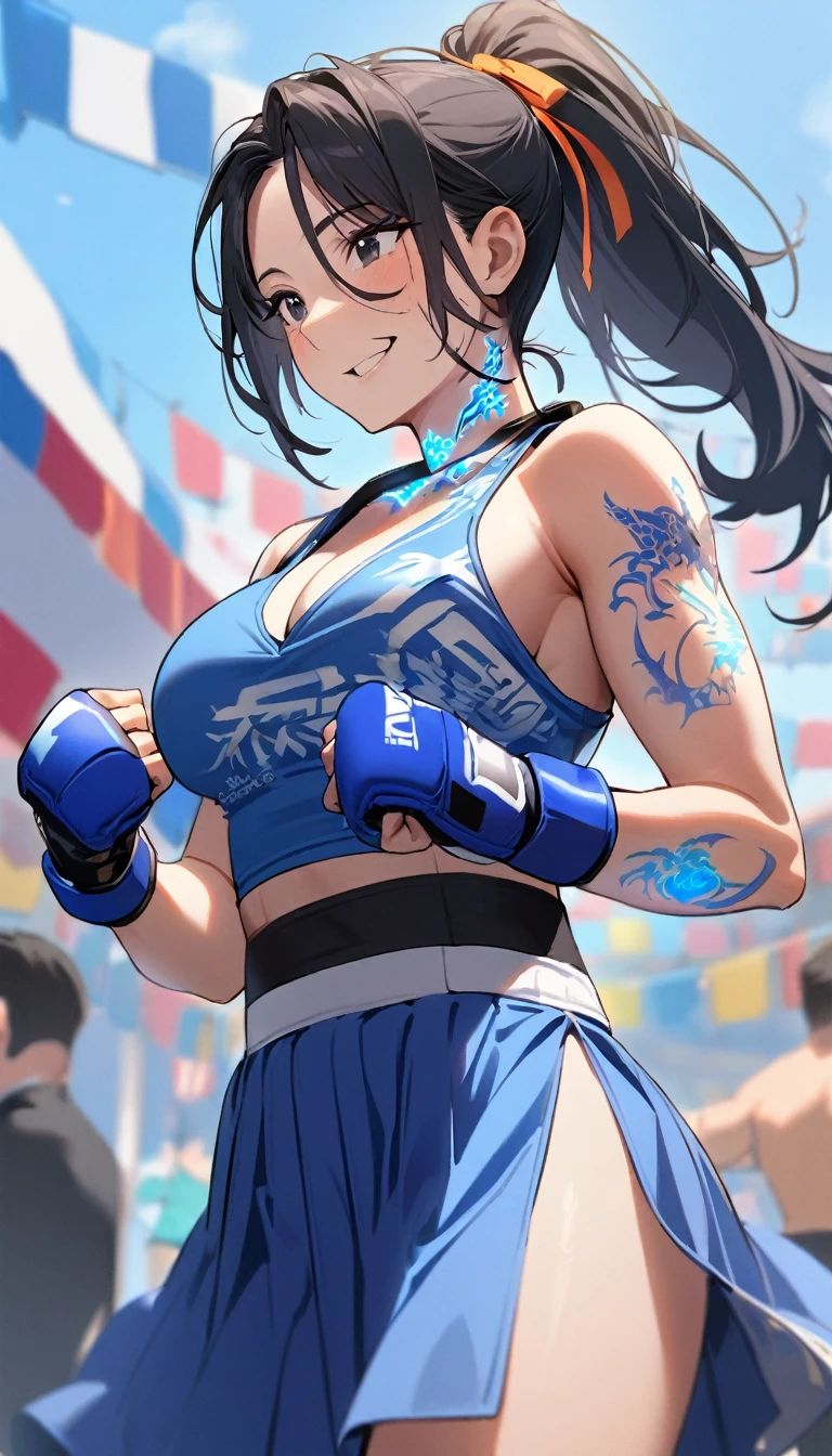 1girl,long face, tattoo on her face,matured , ponytail black hair,hair ribbons ,black eyes, ,blue skirt,joyful , standing,blue glowing dragon tattoos on her neck,glowing tattoo on her face,making a first, MMA gloves,perfect body,colourful beautiful school festival as the background,