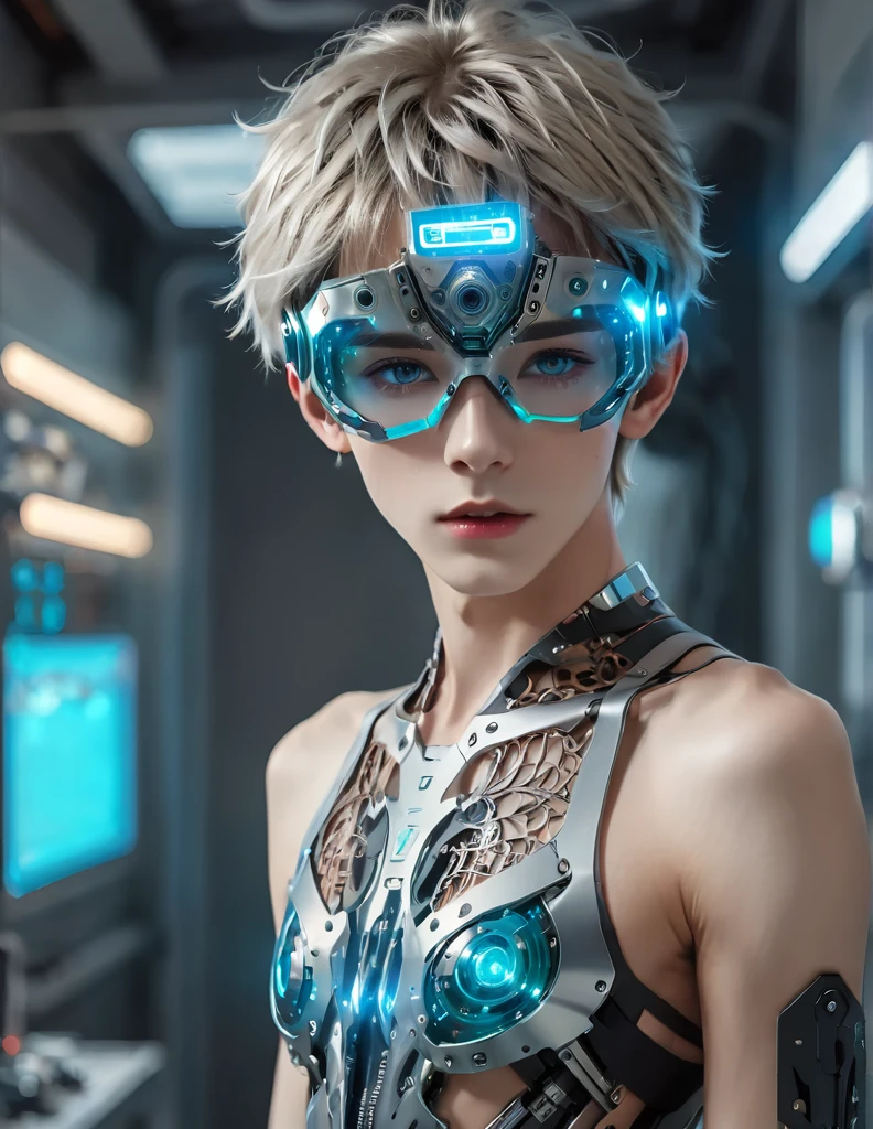 {{master piece}}, best quality, photograph of sexy twink in the process of being turned into a cyborg, on top of a futuristic operating table, ((exposed pectoralis muscles)), handsome detailed azure eyes, handsome boyish face, detailed cyberpunk lab, handsome detailed hair, wavy hair, handsome detailed street, mecha clothes, robot boy, cool movement , skinny twink body, {filigree}, futuristic lab background, {lightning effect}, detailed cyborg crop top armor, mind control device on head, futuristic vr headset, whole body image.