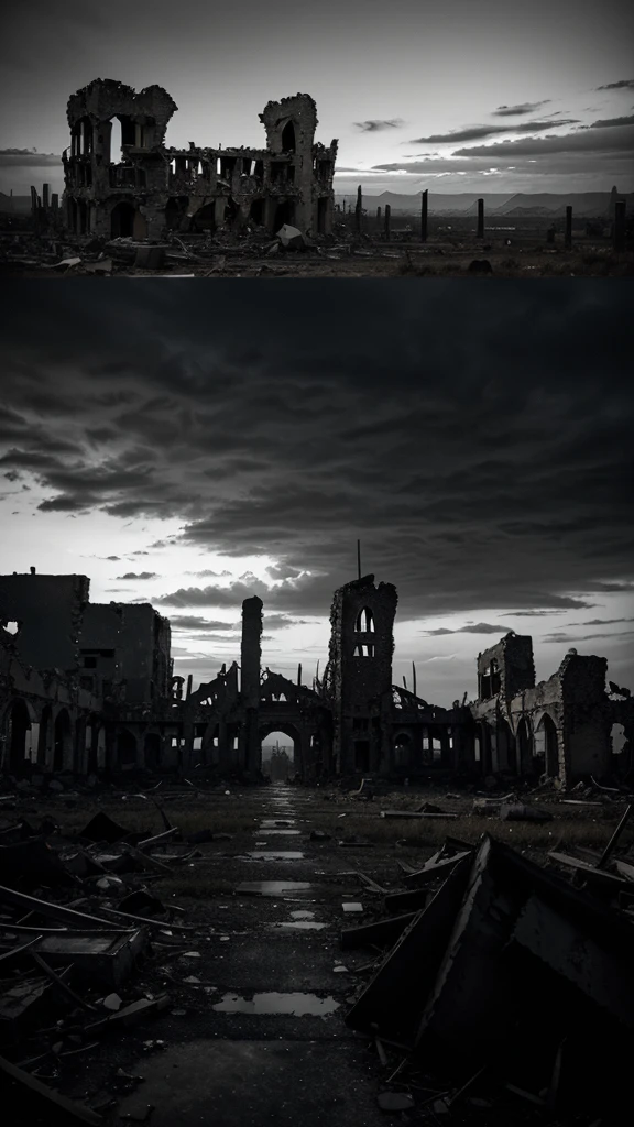 Kingdom in Ruins:
"A wide view of the kingdom in ruins, with crumbling buildings and undead roaming the desolate streets. The atmosphere should be bleak and apocalyptic."