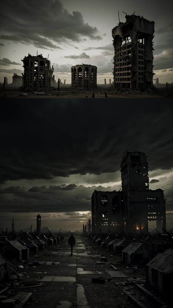 Kingdom in Ruins:
"A wide view of the kingdom in ruins, with crumbling buildings and undead roaming the desolate streets. The atmosphere should be bleak and apocalyptic."