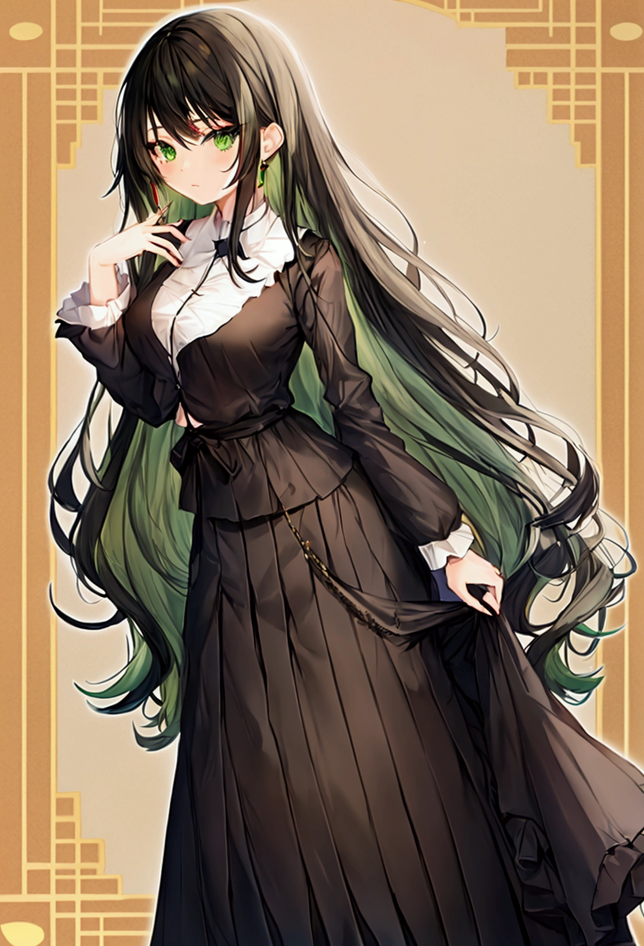 Anime girl, Long black hair, green eyes,aesthetic body, beautiful long skirt