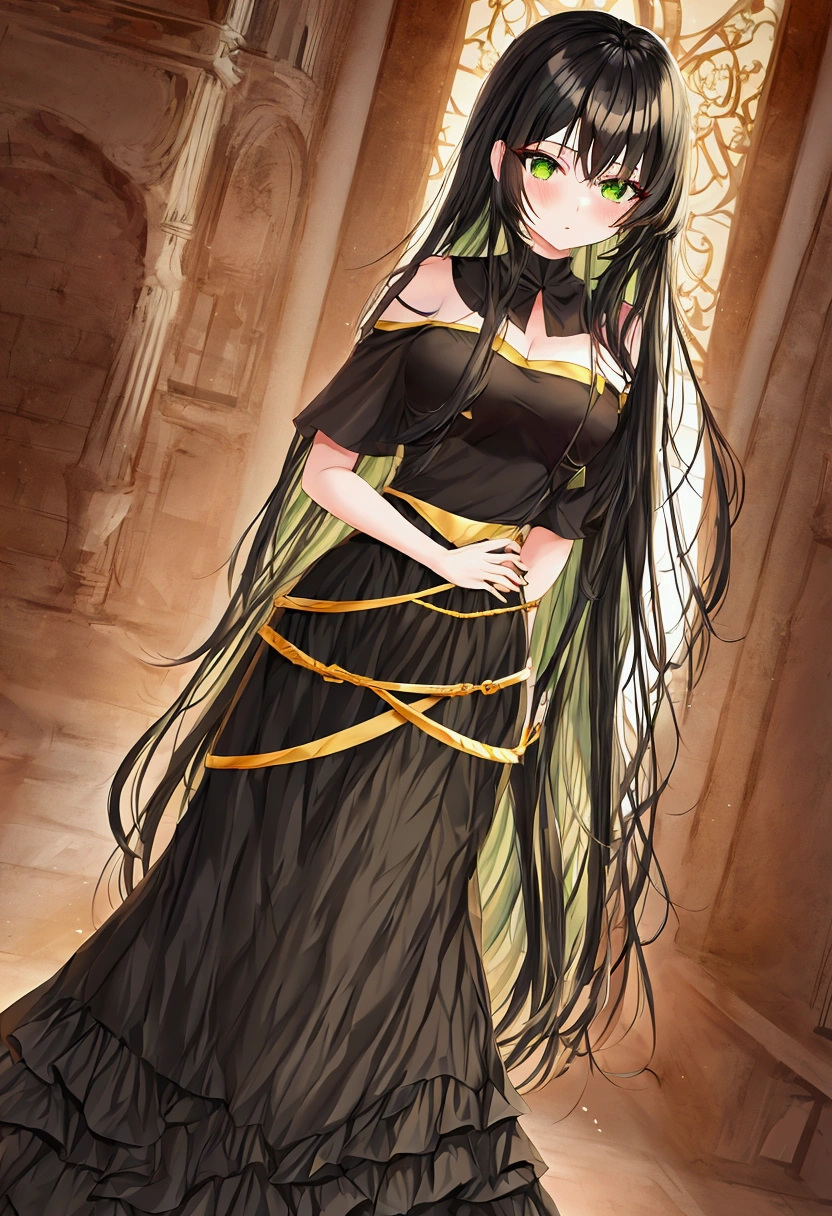 Anime girl, Long black hair, green eyes,aesthetic body, beautiful long skirt