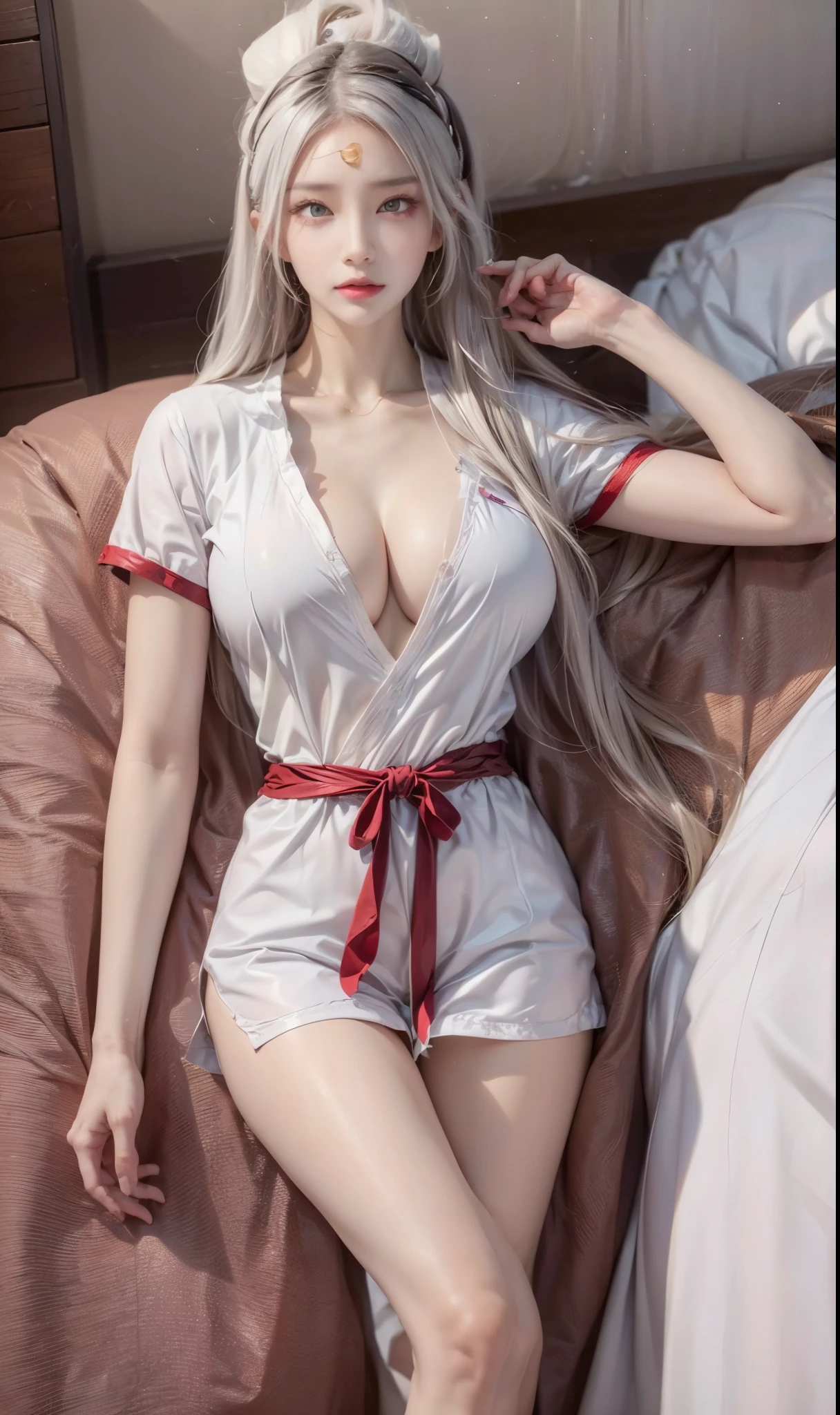 realistic, 1 women, best quality, 12k, HD, long hair, (big round breasts:1.5), cleavage, ponytail, necklace, jewelry, shorts, short jacket, slim hips, hair tie, yellow eyes, black hair, super detailed, Eye details, hair details, person details, mouth details, face details, breast details, clothes details, hair details, pants details, hand details, whole body