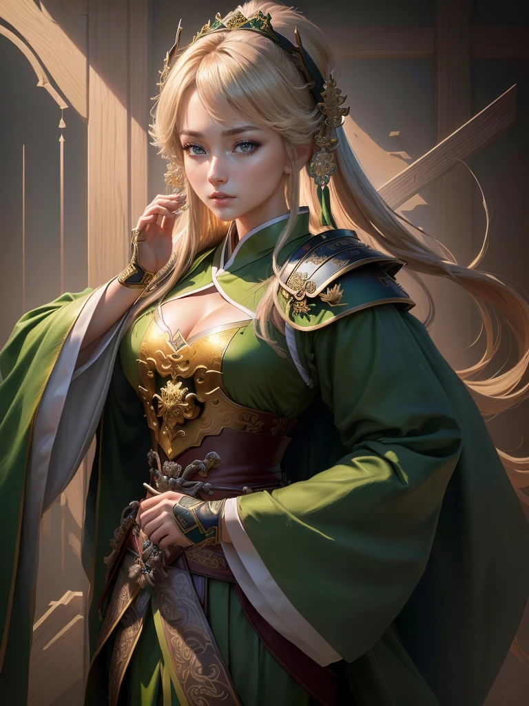 a close up of a woman in a green robe, inspired by Dong Yuan, zhao yun, inspired by Cao Zhibai, inspired by Guan Daosheng, inspired by Hu Zaobin, inspired by Huang Shen, Inspired by Zhang Sengyao, inspired by Huang Ding, inspired by Wu Bin, inspired by Li Kan, guan yu, Highly detailed CG unit 8k wallpaper, masterpiece, High resolution, highest quality, highest quality real texture skin, Super Real, Digital Painting, Best image quality, 最High resolution, 8k, (((Highly detailed eyes and face, Beautiful eyes every detail))), profile, Golden chest armor,