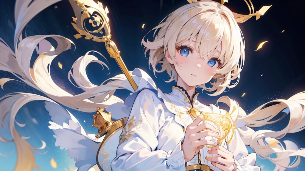 (Highest quality)　(4K)　(8k)　(High resolution)　(masterpiece:1.2)　(Super detailed)　One boy　short hair　Wizard　Blue Eyes　Long sleeve　Golden decoration　Hair between the eyes　White Dress　Wavy golden hair　Upper Body　(large crown)　(White Background)　front　Face close-up　Cast a spell