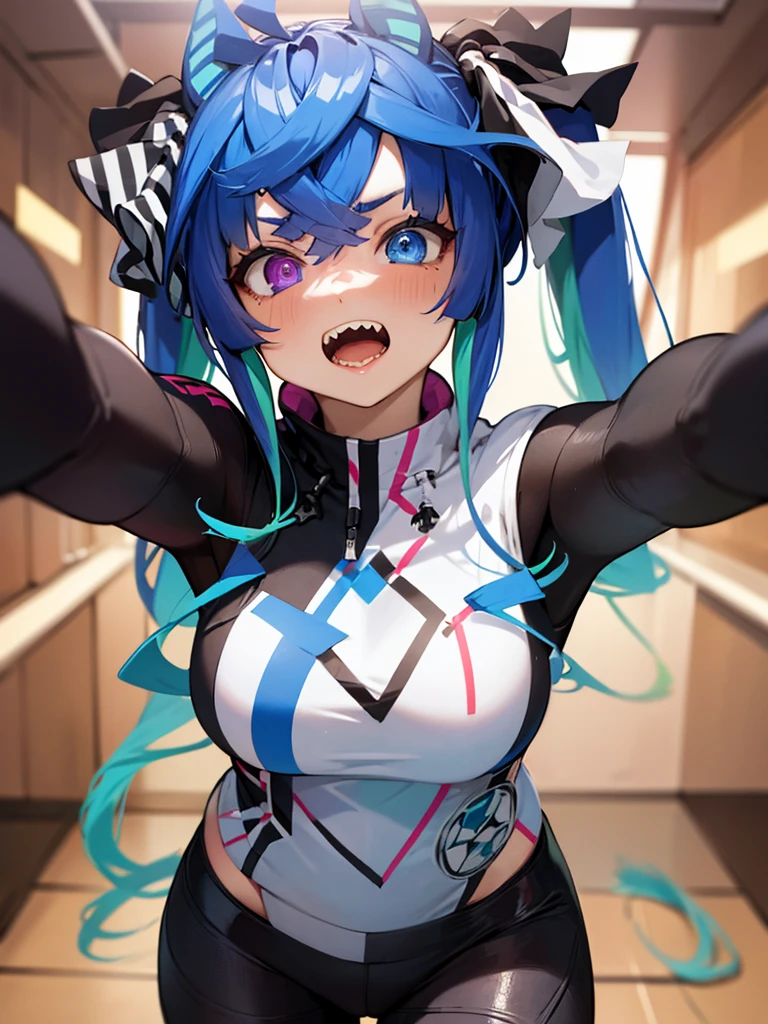 (​masterpiece、top-quality、hight resolution),Create an image depicting the moment when a woman, who is rumored to be the embodiment of a harlot and a bitch, says "Hey, come hang out with me." She should have a provocative and seductive aura, with a confident and bold expression. Her attire should be revealing and suggestive, emphasizing her rumored reputation. The perspective should focus on her inviting gesture and facial expression, capturing the essence of the moment. Twin_Turbo_Umamusume, aqua hair, twintails, heterochromia, purple eyes, blue eyes, sharp teeth,hores tails, nsfw, room, multicolored hoodie, black leggings