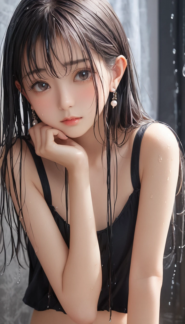 (masterpiece, Highest quality:1.2), One girl, alone,bony body、15 years old、wet hair、Earrings