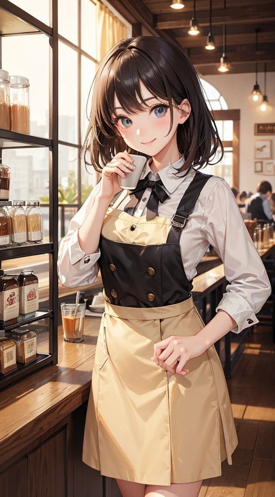 masterpiece,Highest quality,Stylish western style cafe,Female cafe attendant,Cafe clerk uniform,Detailed clothing,Carry a coffee in one hand,Laughter,Bright atmosphere in the store