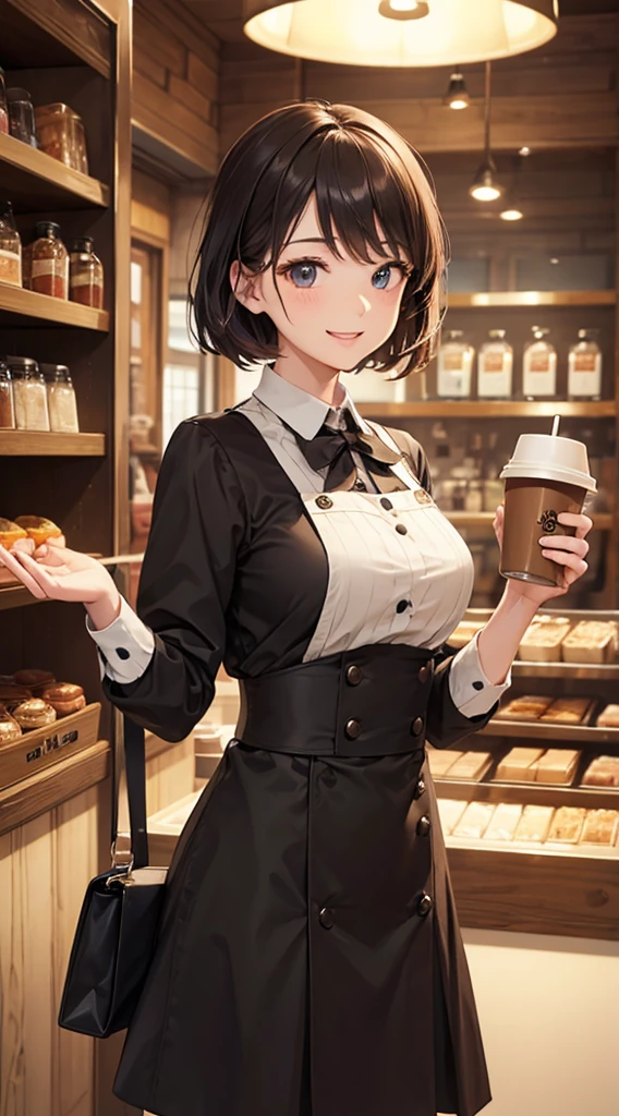 masterpiece,Highest quality,Stylish western style cafe,Female cafe attendant,Cafe clerk uniform,Detailed clothing,Carry a coffee in one hand,Laughter,Bright atmosphere in the store