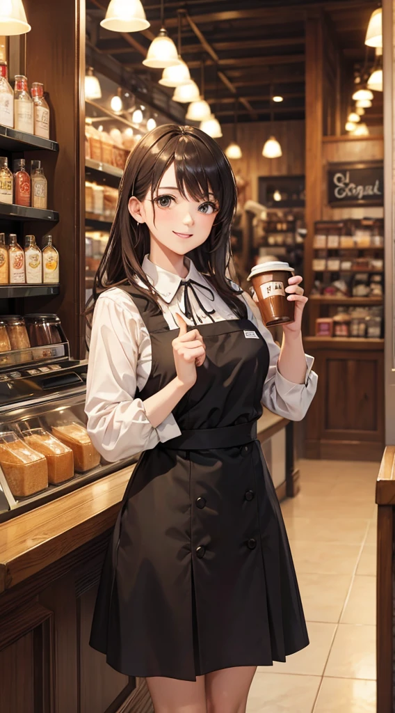 masterpiece,Highest quality,Stylish western style cafe,Female cafe attendant,Cafe clerk uniform,Detailed clothing,Carry a coffee in one hand,Laughter,Bright atmosphere in the store