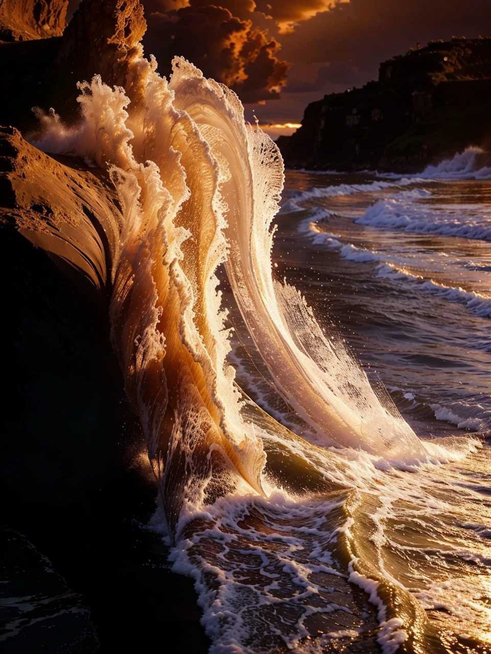 a beautiful sunset over a seabeach, 8k, ultra-detailed, smooth, photorealistic, cinematic lighting, dramatic clouds, detailed waves crashing on the shore, golden hour lighting, vibrant colors, serene atmosphere