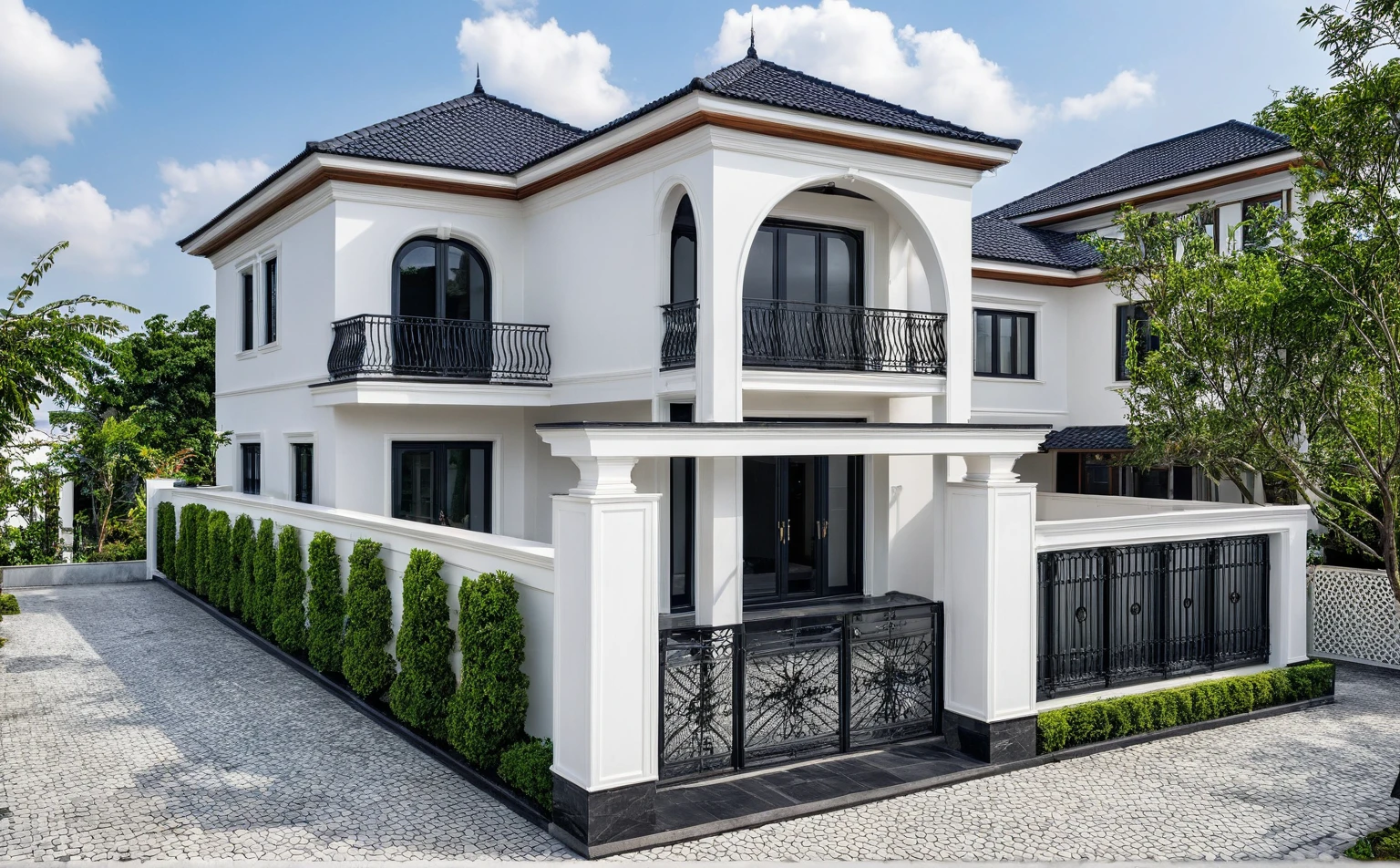 (masterpiece:1.2), best quality, photo of A two-story modern house in VietNam with white walls and dark tiles on the roof., tree and plant environment,daylight, streetcapes, natural light, vivid color, The exterior of an elegant single family home features large windows, a dark gray door frame.